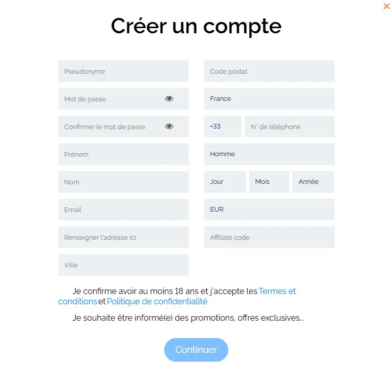 Processus d'inscription Win Rolla Casino